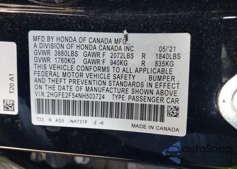 2022 Honda Civic Sport z USA, uszkodzony, nr VIN 2HGFE2F54NH503724